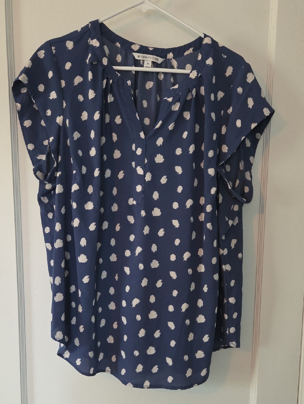 41 Hawthorn Blue White Dot Split-Neck Cap Sleeve Blouse